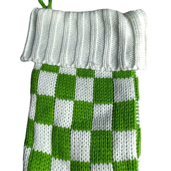 Green White Checkerboard Knit Lined Christmas Stocking 18.5” X 9” Whimsical - Picture 5 of 8